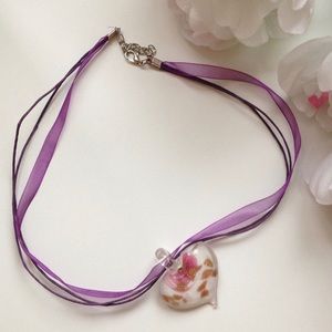 Large Heart Medallion Bead Purple Chord String and Ribbon Necklace